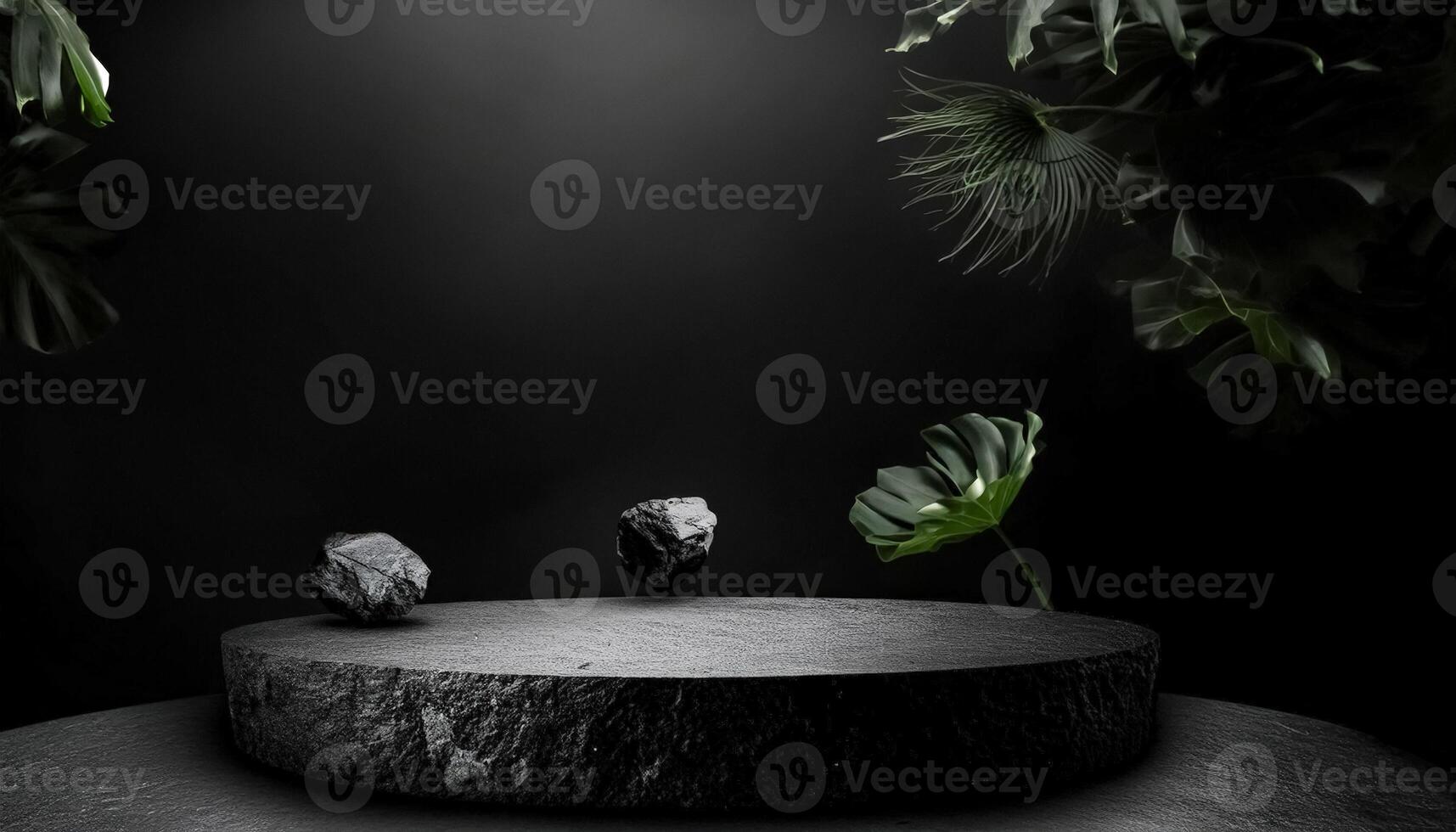 Dark and Moody Product Display with Black Stone and Lush Greenery photo