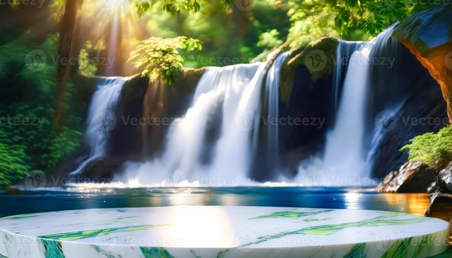 Marble Pedestal with Waterfall Background photo