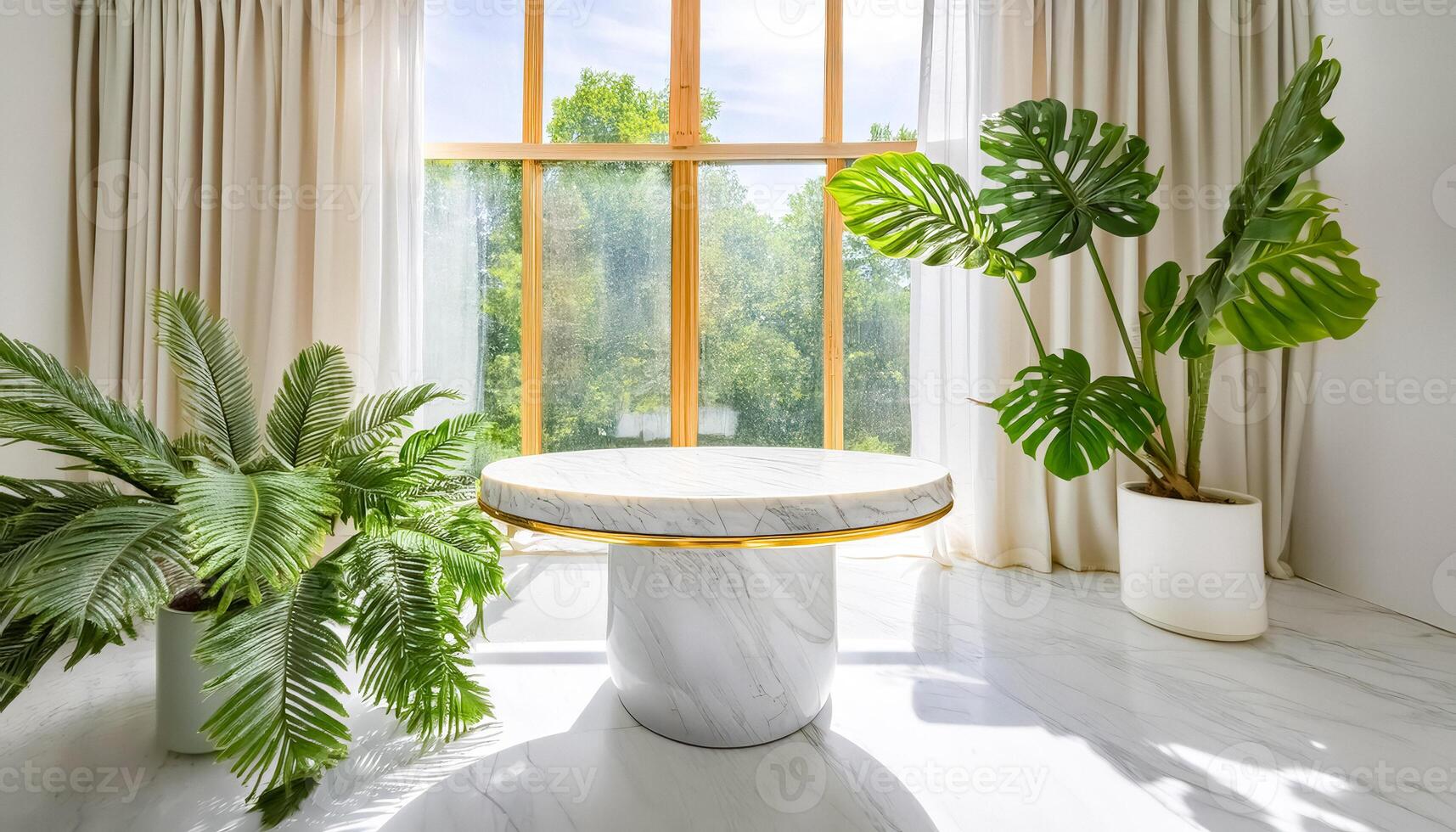 Minimalist Interior with Marble Table and Greenery photo