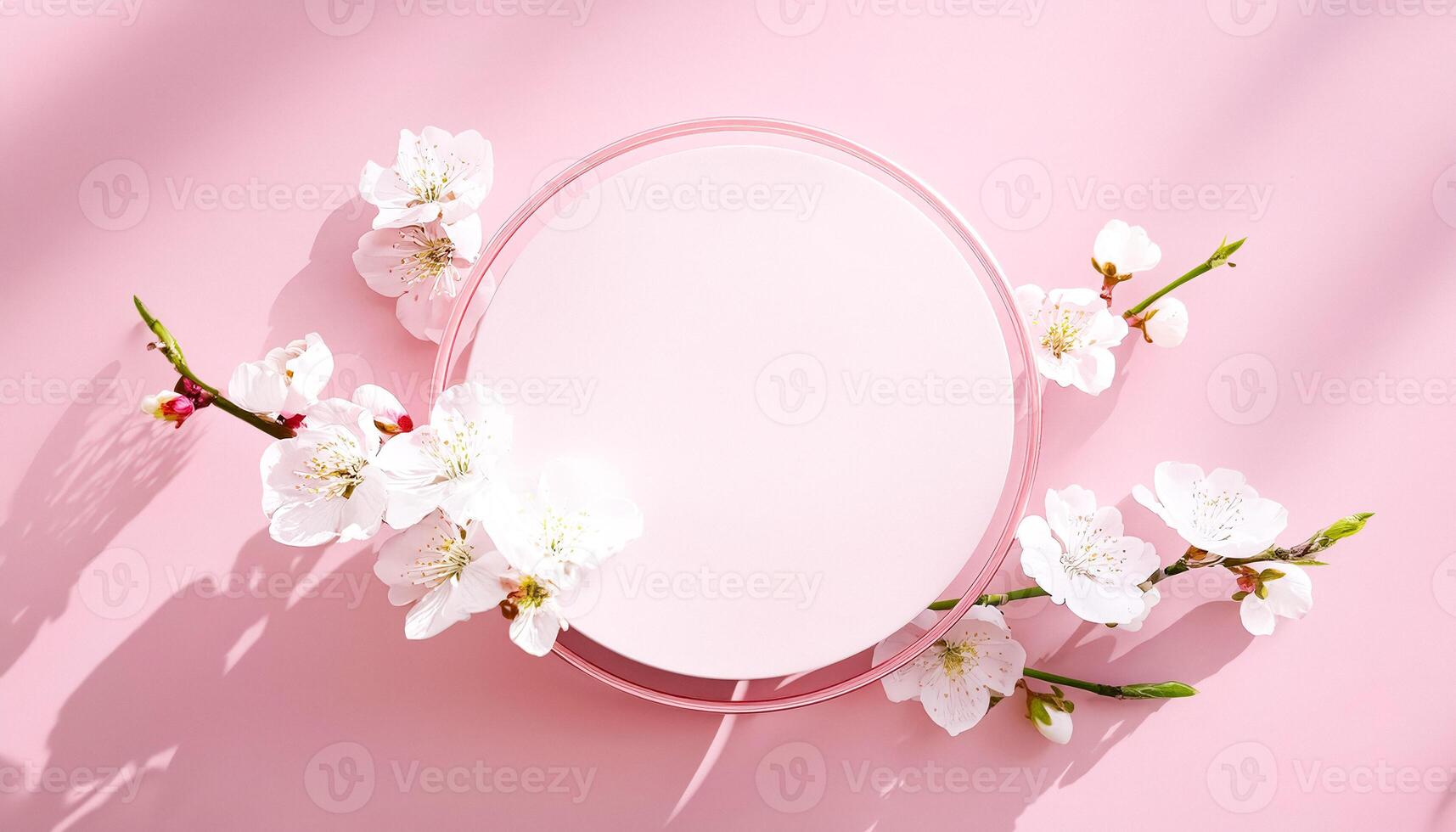 Pink Floral Background with Round Platform for Product Display photo