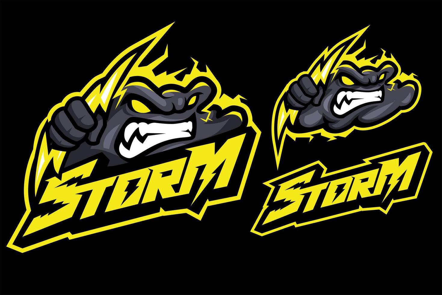 angry cloud holding lightning mascot logo vector