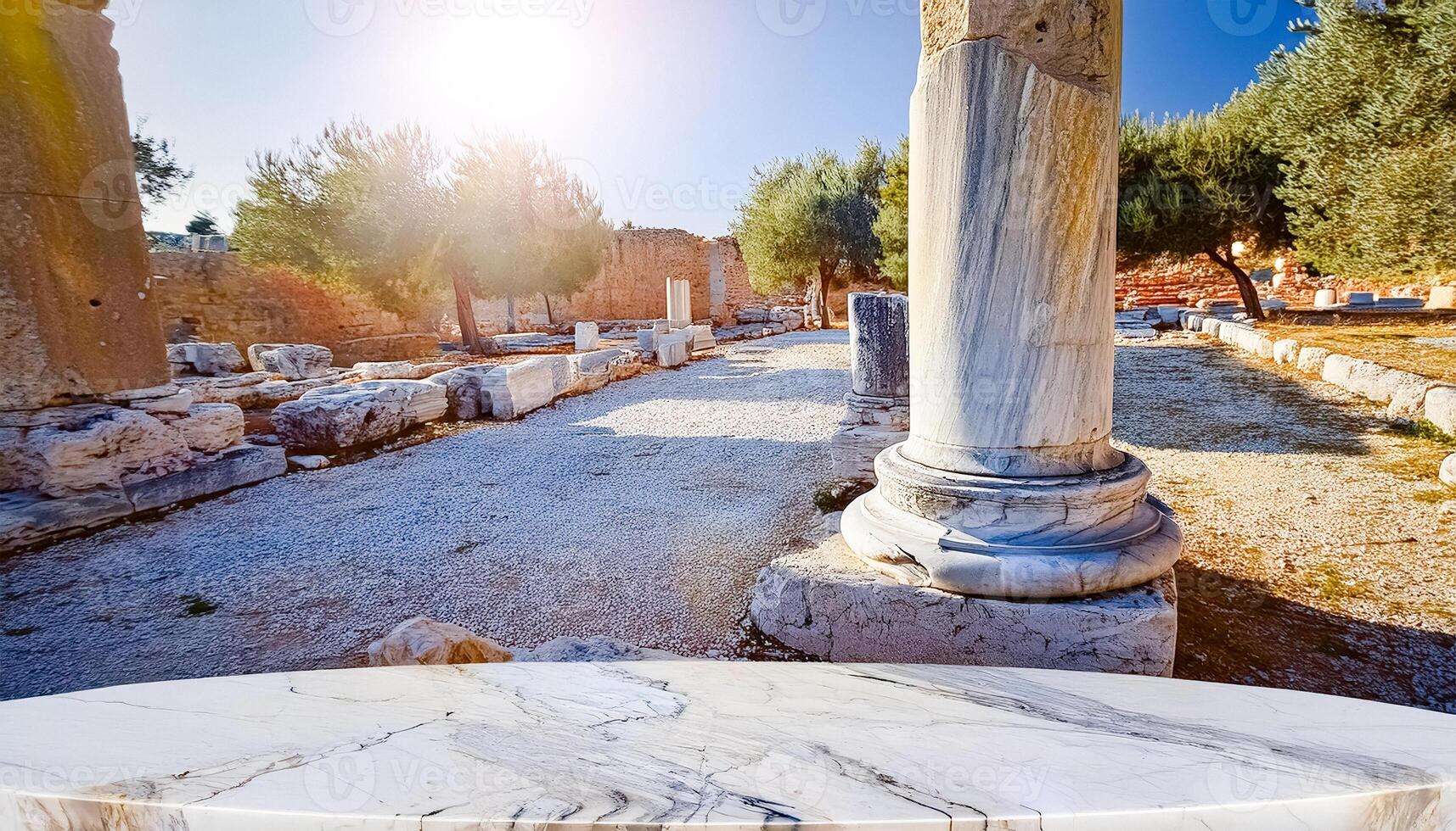 Marble Tabletop in Ancient Ruins with Sun Glare photo