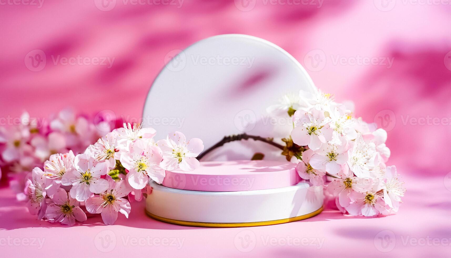 Pink and White Flower Arrangement with a Cylinder Mockup on a Pink Background photo