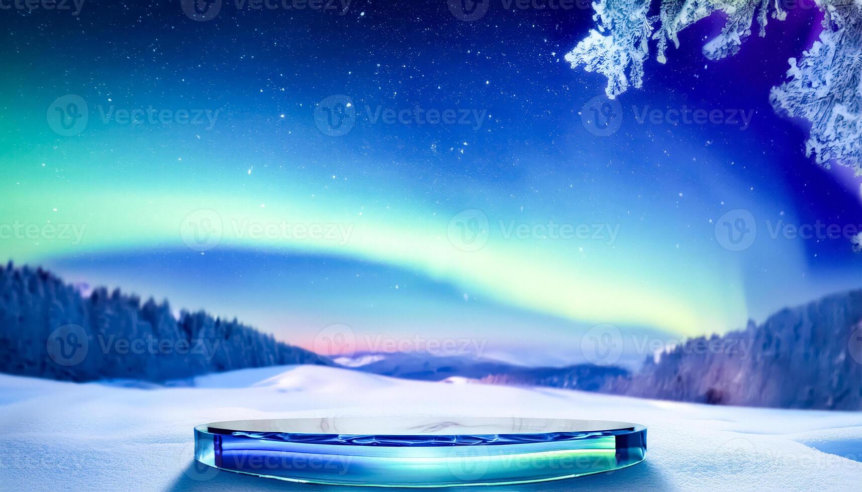 Glass Podium On Snowy Landscape with Northern Lights photo