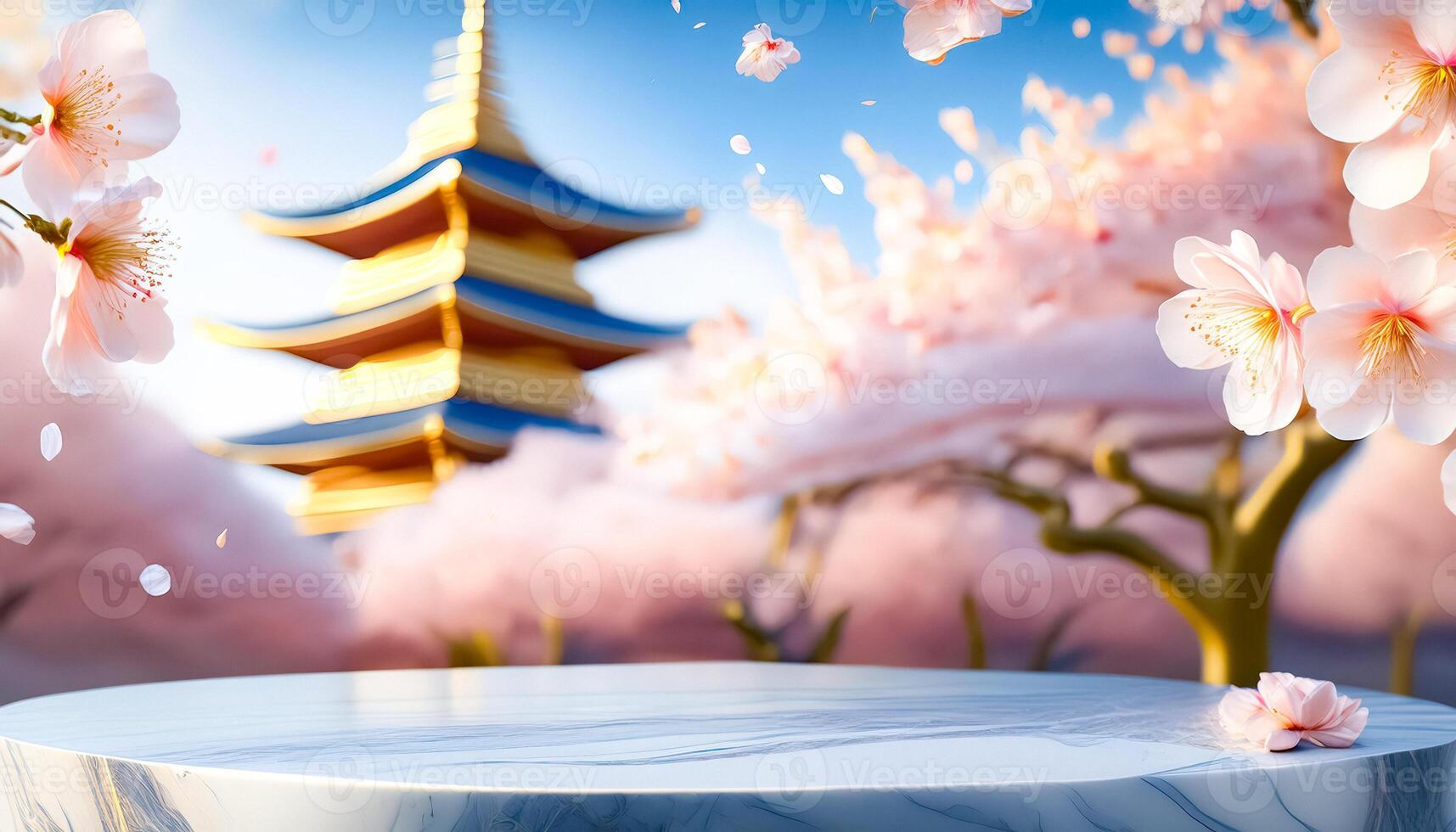 Product Display with Sakura Blossom and Pagoda Background photo