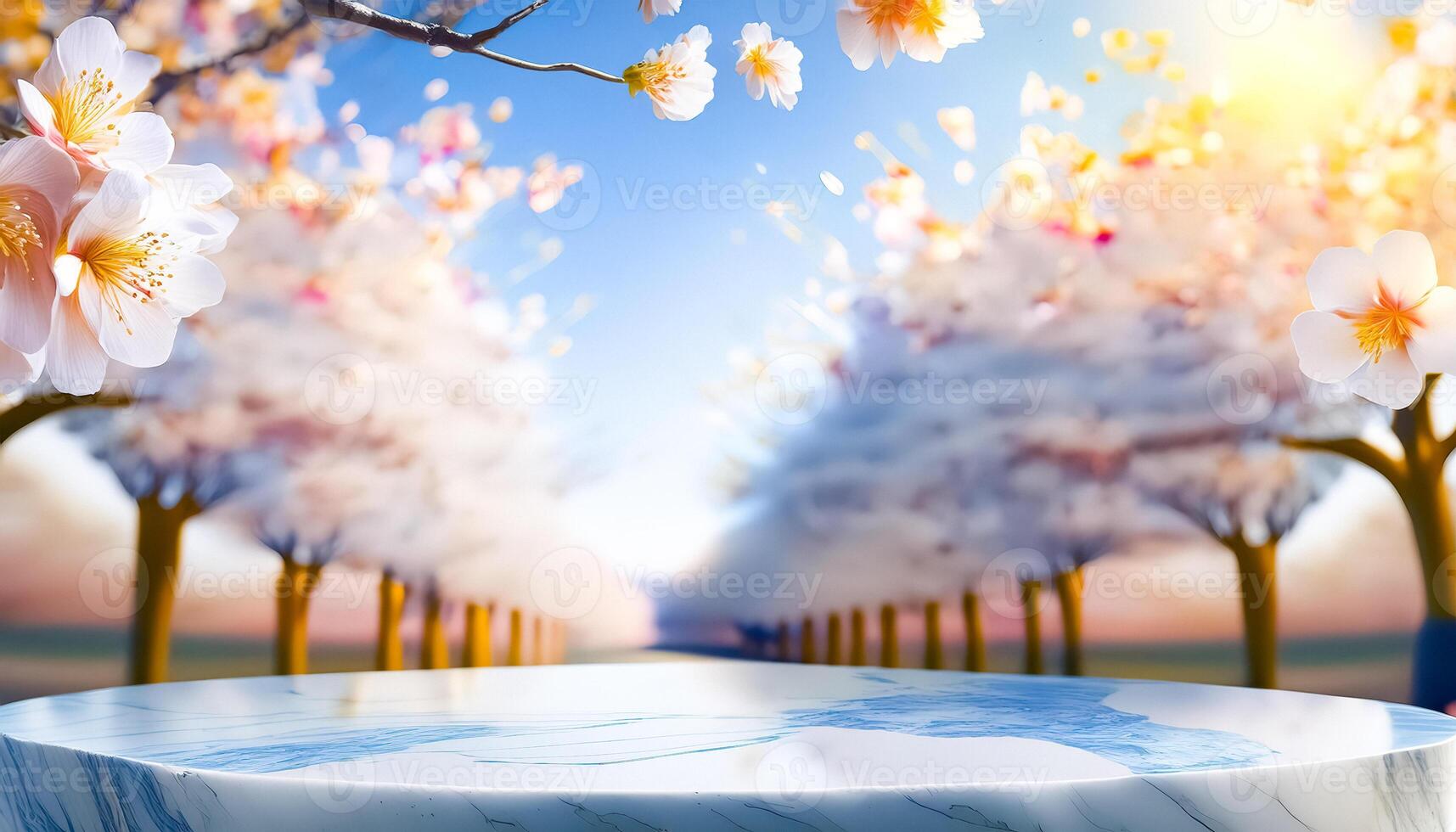 White Marble Podium In Cherry Blossom Tree Grove photo