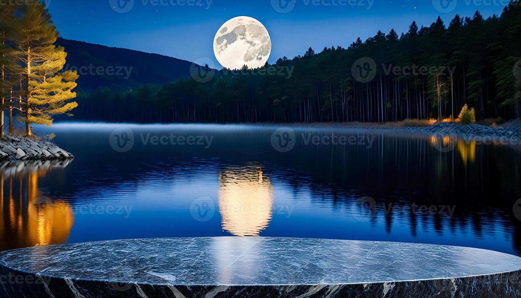 Tranquil Moonlit Lake with Granite Platform photo