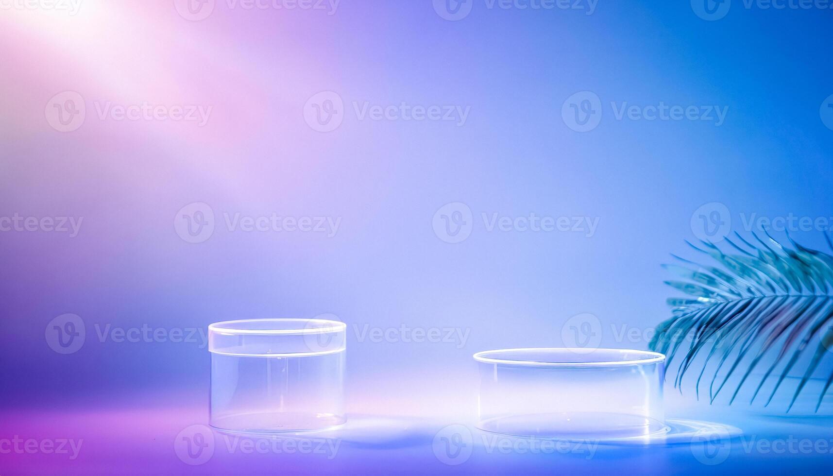 Minimalist Glass Podiums on Vibrant Blue and Pink Gradient Background with Palm Leaf photo