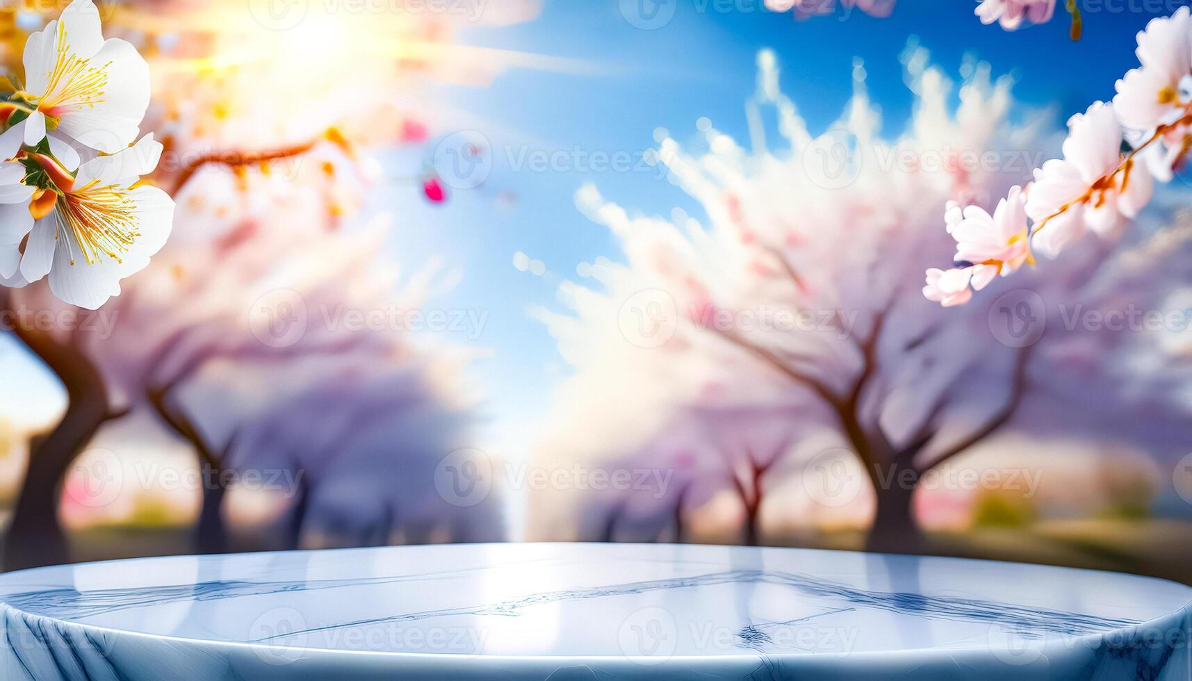 Marble Tabletop with Blurred Spring Blossoms Background photo