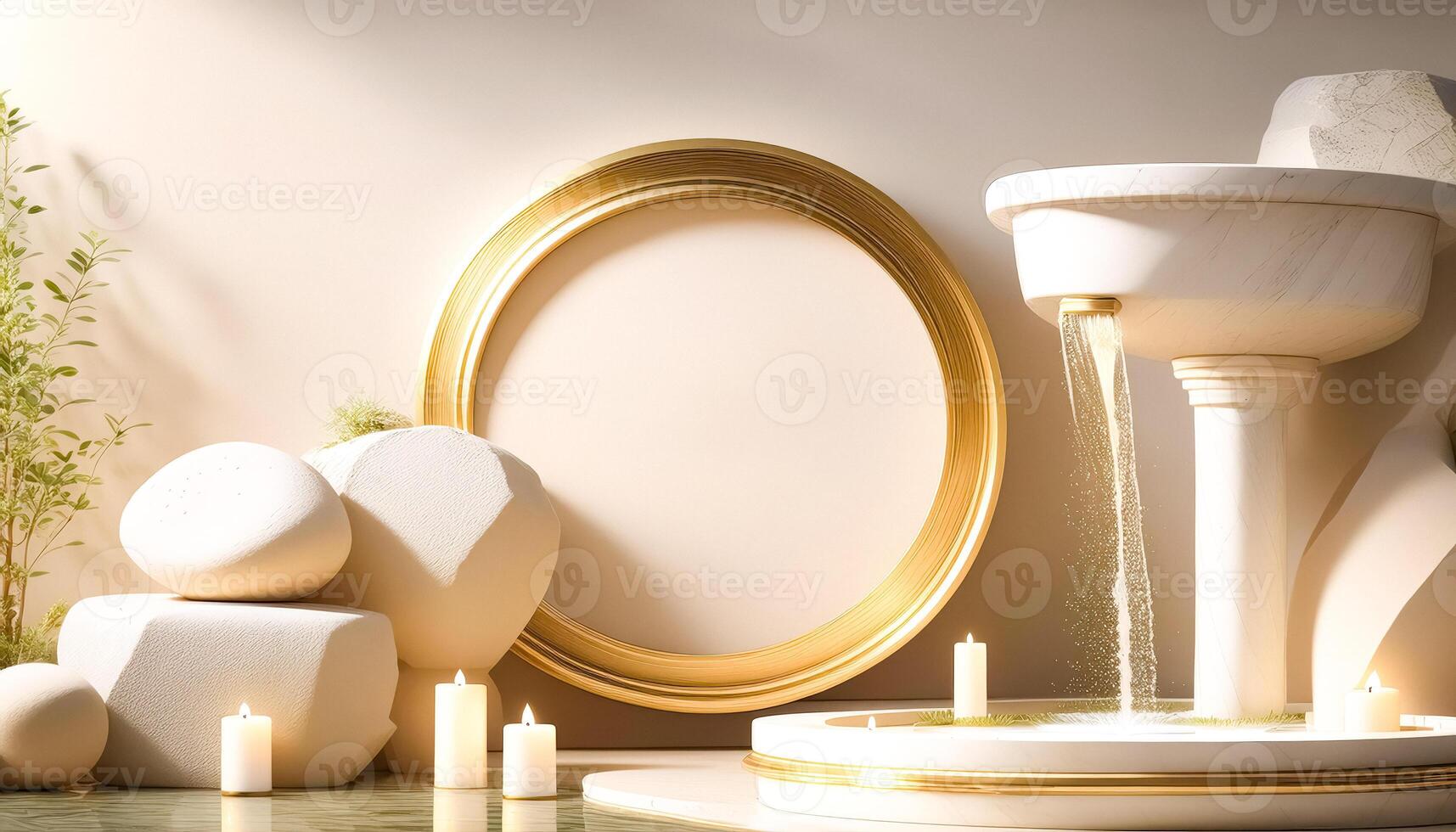 Elegant Minimalist Spa Scene with Golden Frame and Water Fountain photo