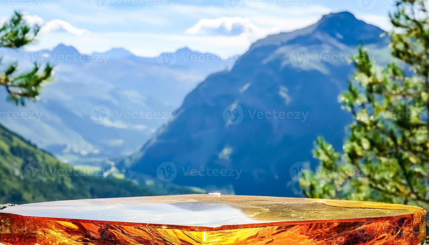 Golden Tabletop With Mountain Background photo