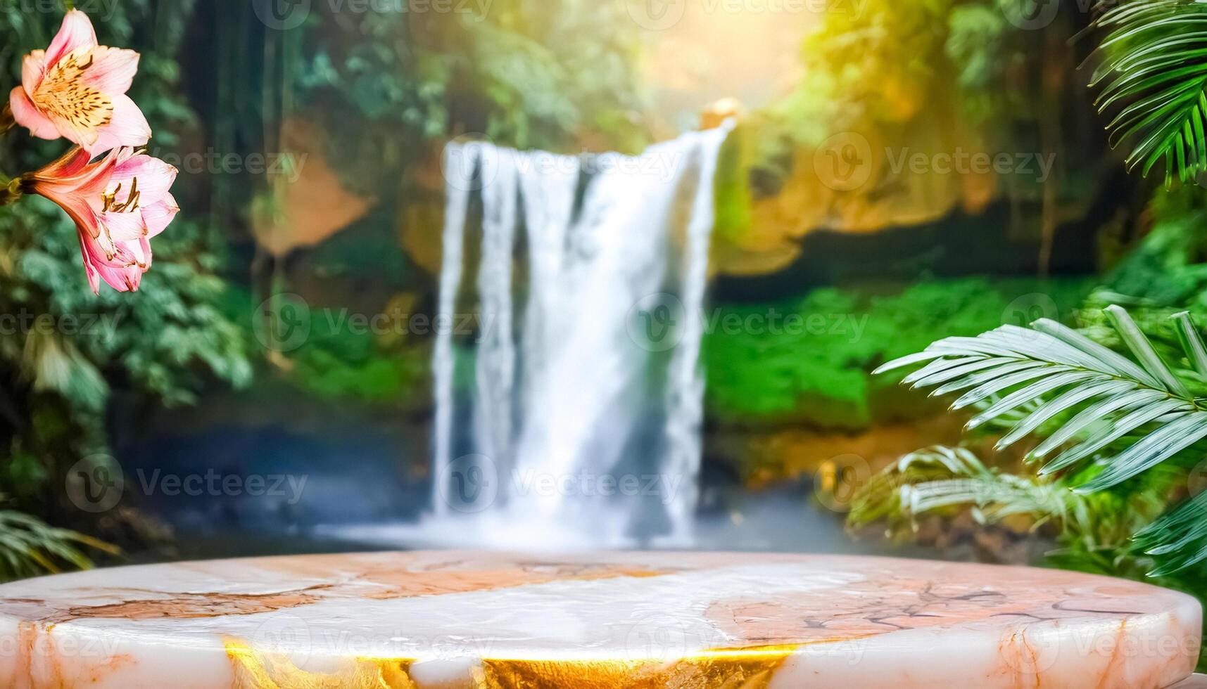 Marble Tabletop With Golden Accents in Front of a Waterfall photo