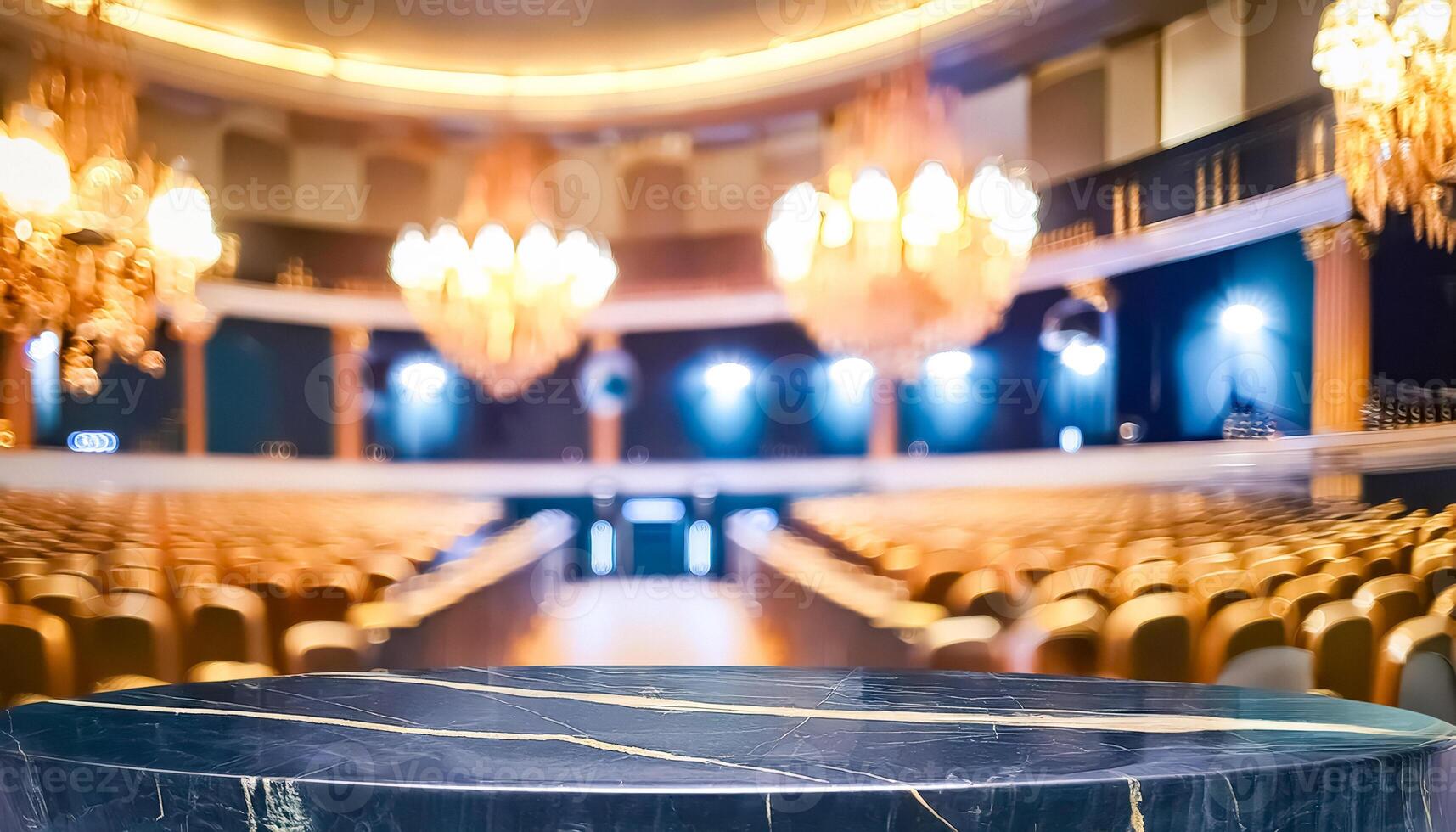 Empty Marble Table in Theater with Blurred Background photo