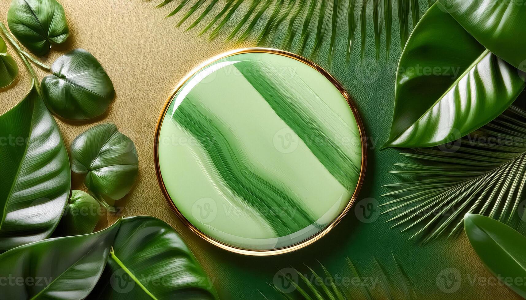 Green Abstract Background with Gold Frame and Tropical Leaves photo