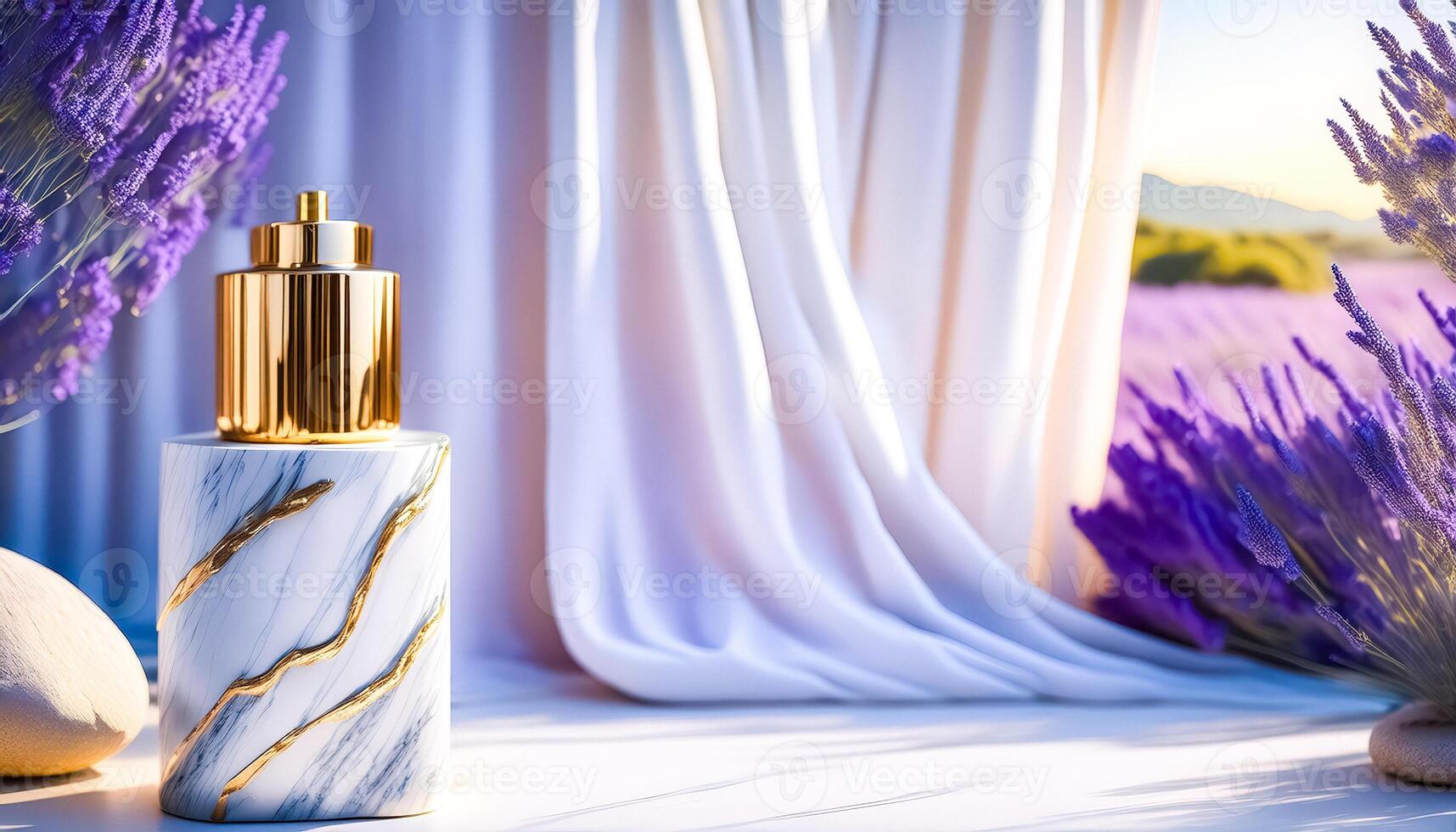 Gold and Marble Perfume Bottle with Lavender Flowers and Draped Fabric photo