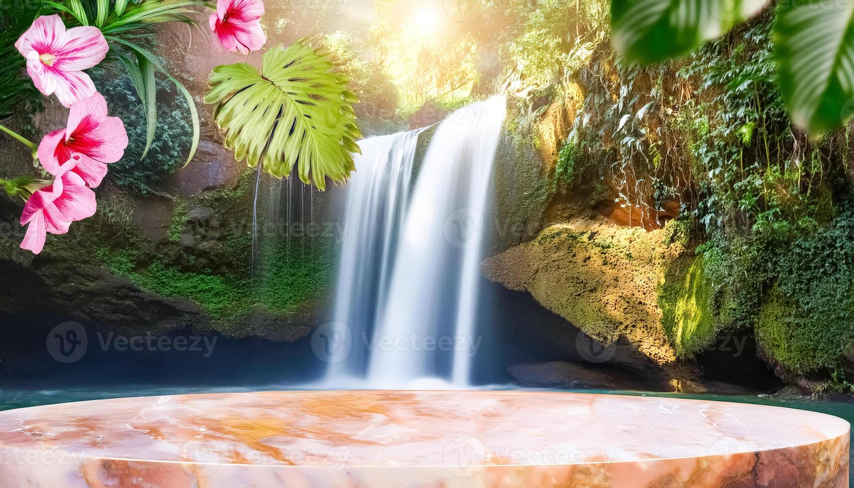 Waterfall Background with Marble Platform photo
