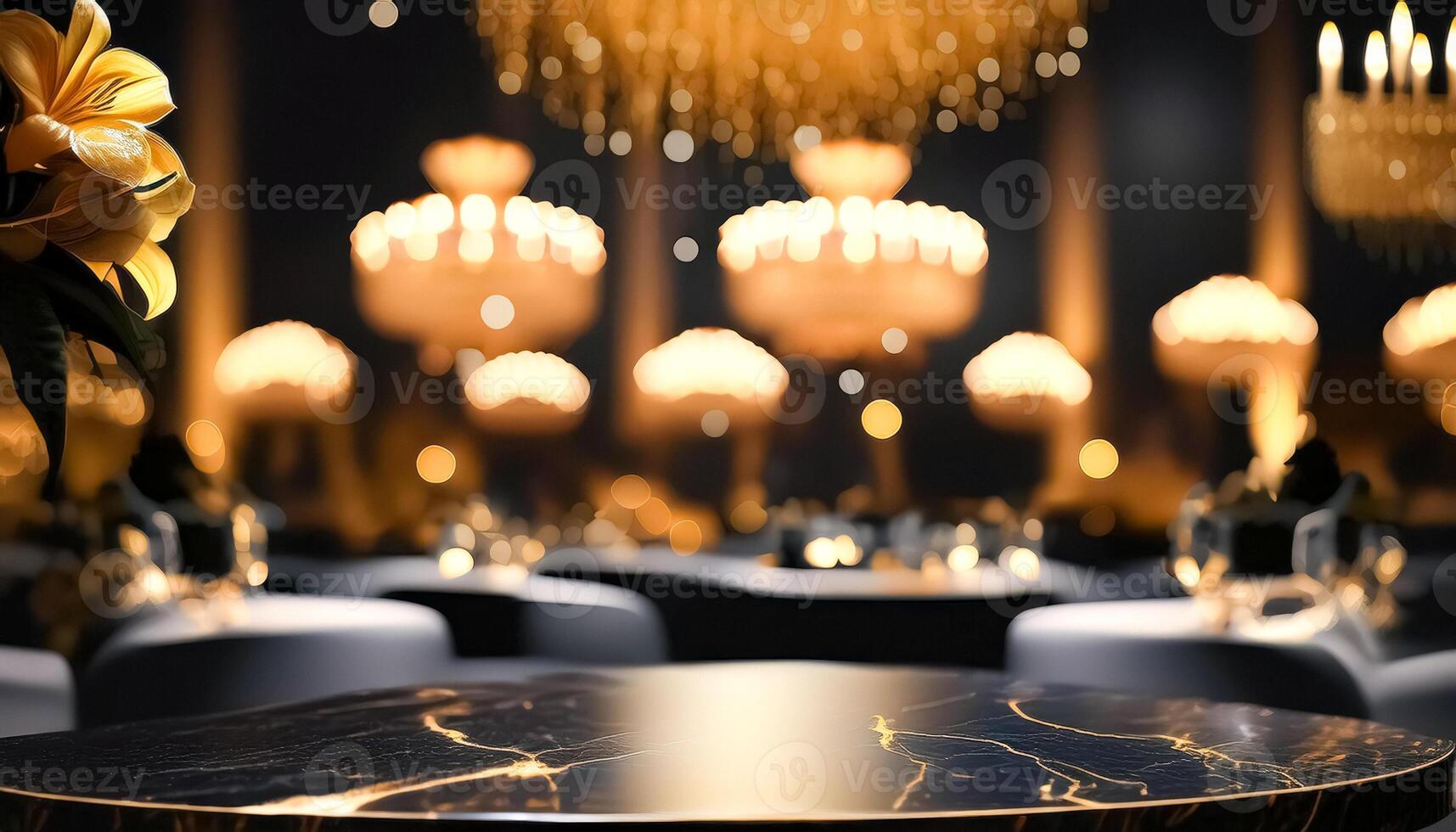 Black Marble Table With Gold Veins In A Luxurious Setting photo