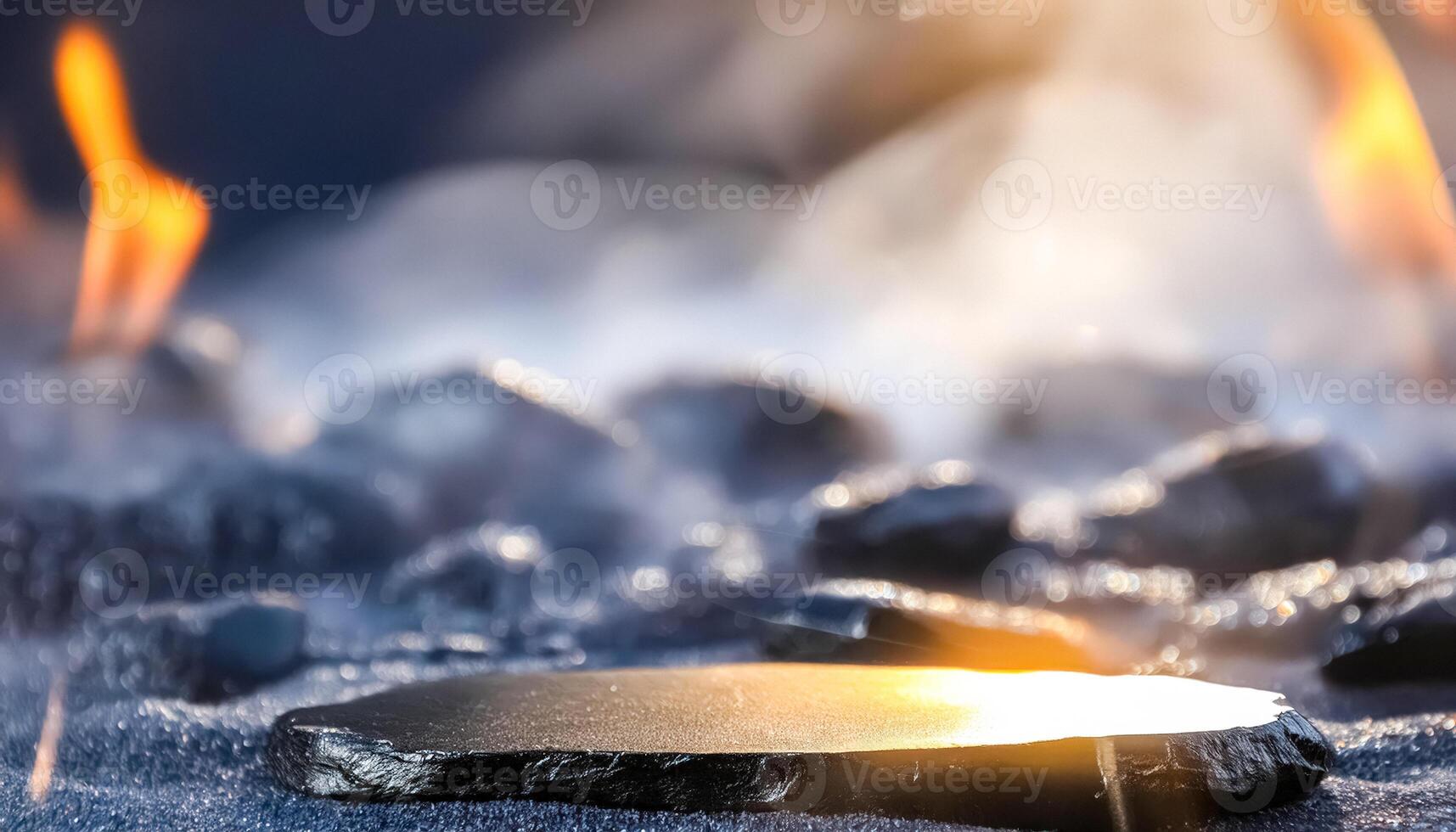 Black Stone Platform With Blurred Light And Smoke Background photo