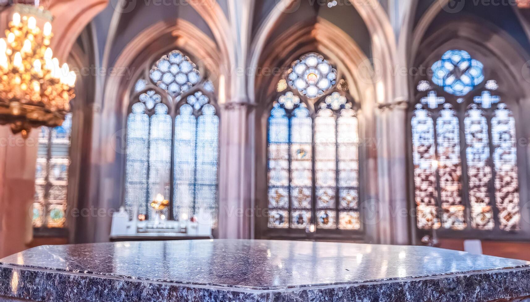 Stone Table in Front of Stained Glass Windows photo