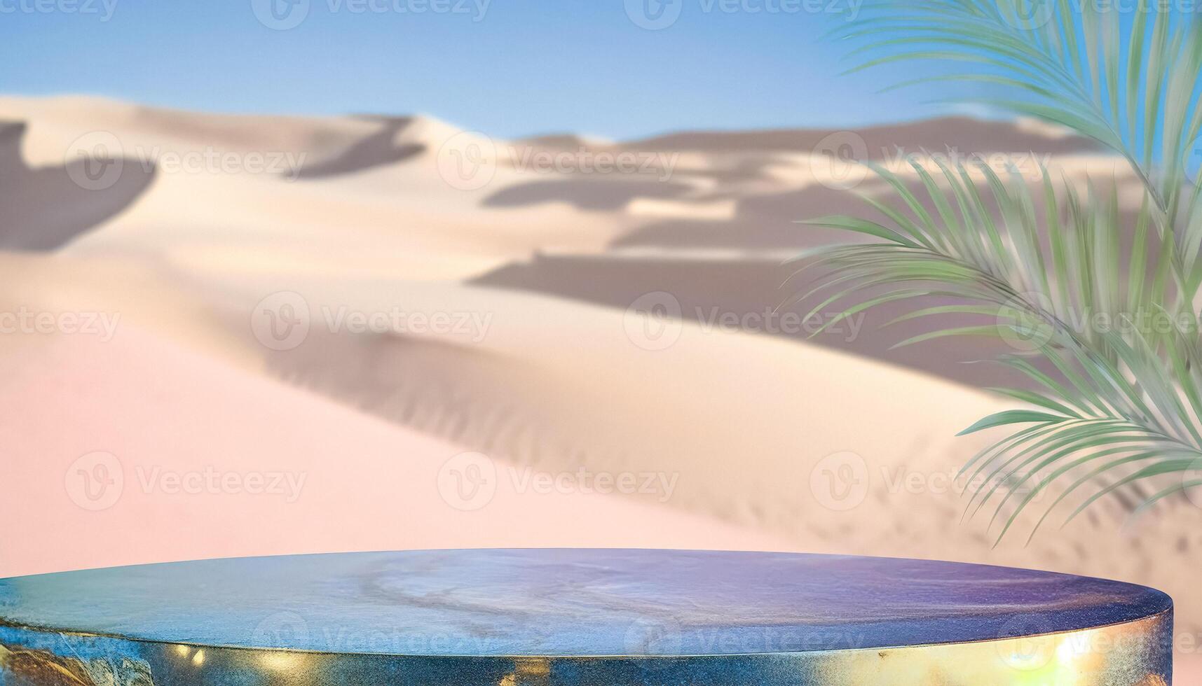 Empty Product Display on a Marble Platform with Desert Background photo