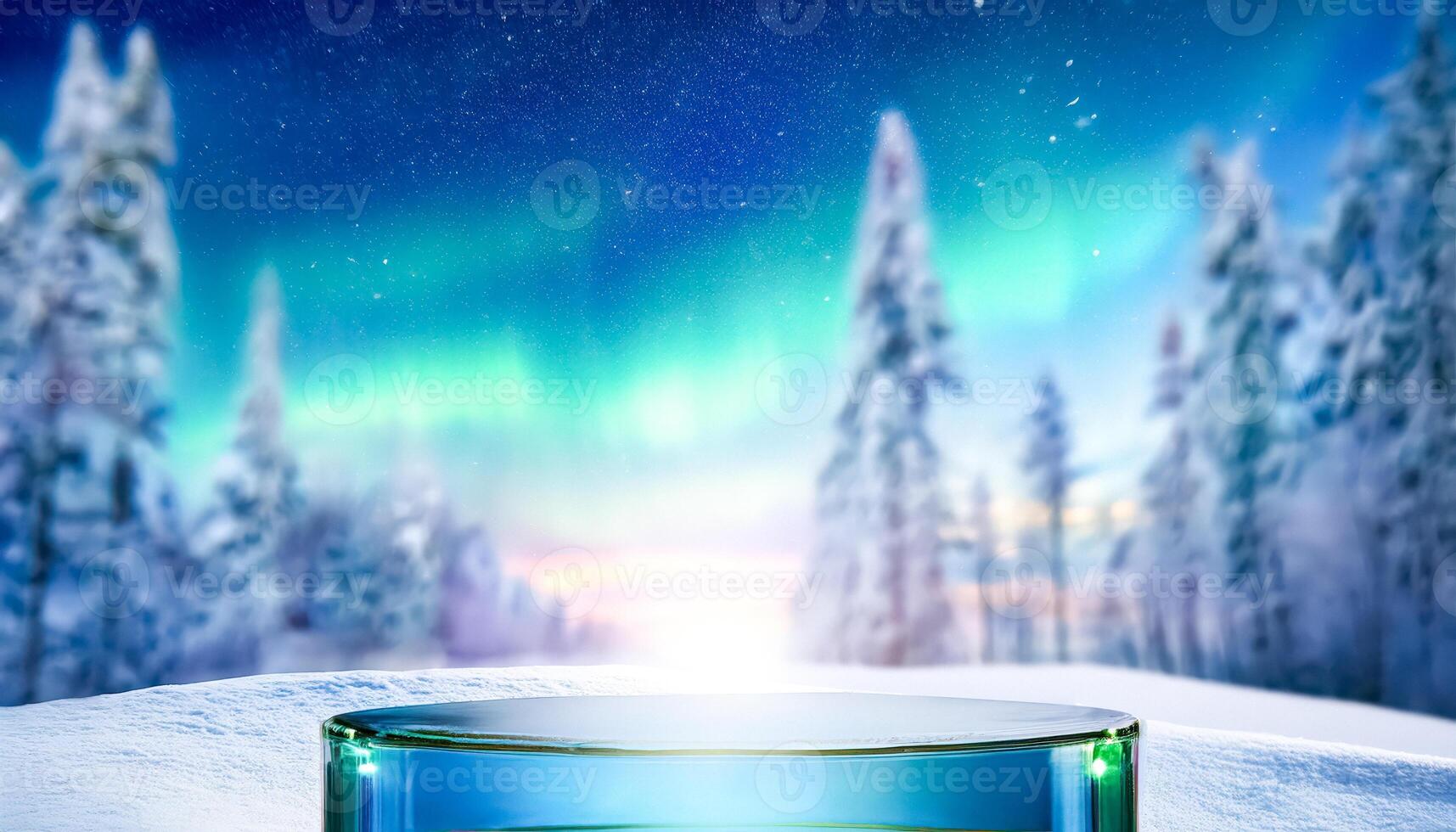 Glass Platform in a Winter Wonderland with Northern Lights photo