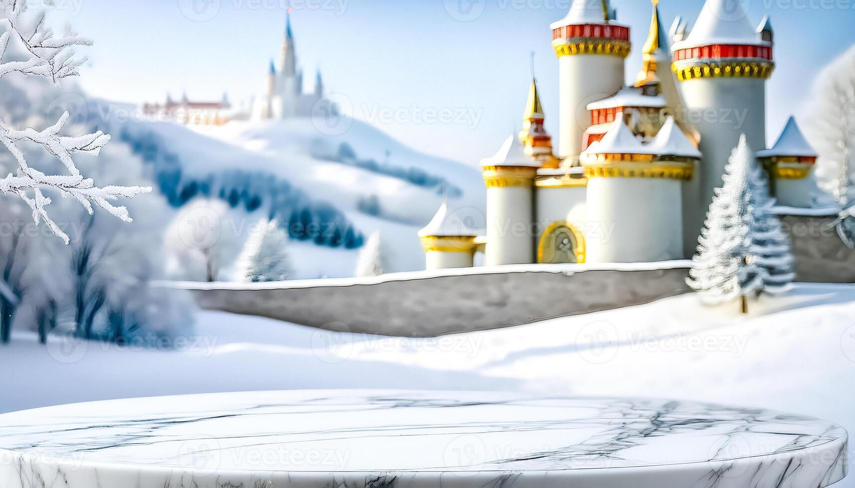 Marble Tabletop with Snowy Winter Castle Background photo