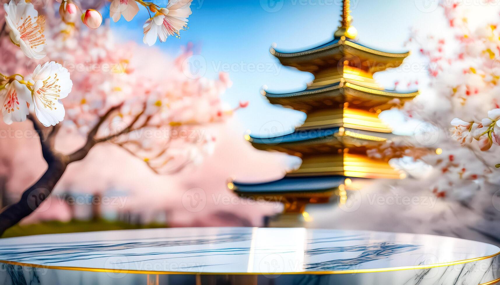 Marble Tabletop with Japanese Pagoda and Cherry Blossoms photo