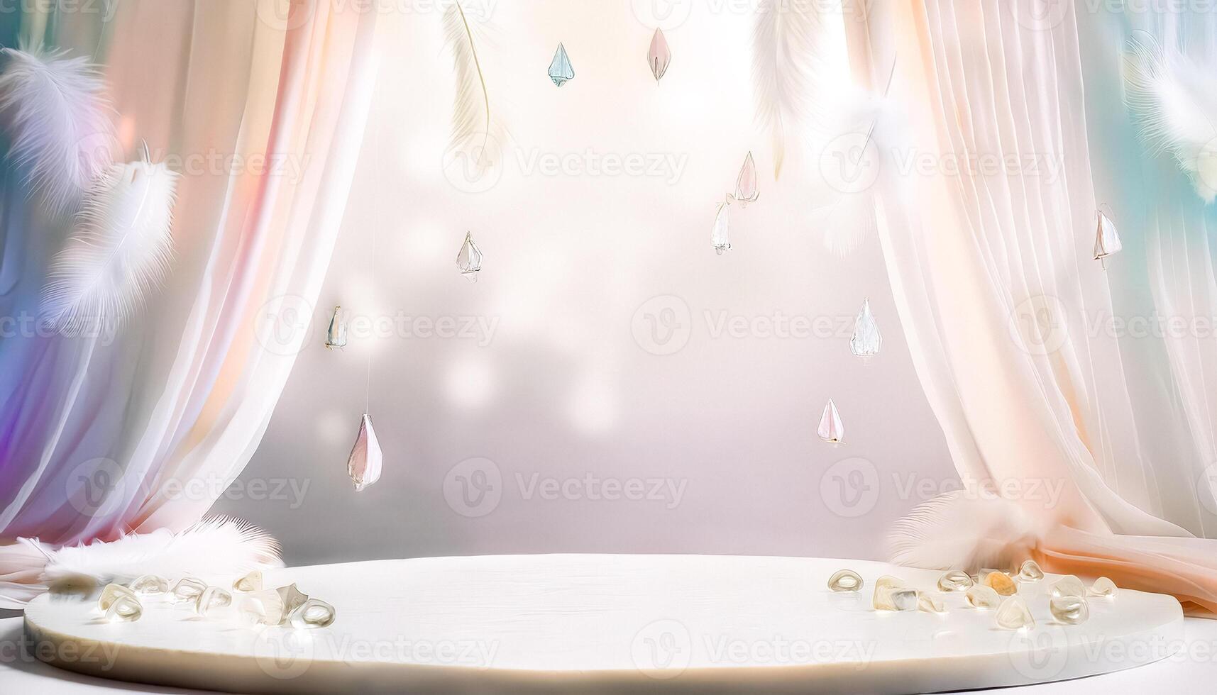 Minimalist Product Display with Feathers and Crystal Decorations photo
