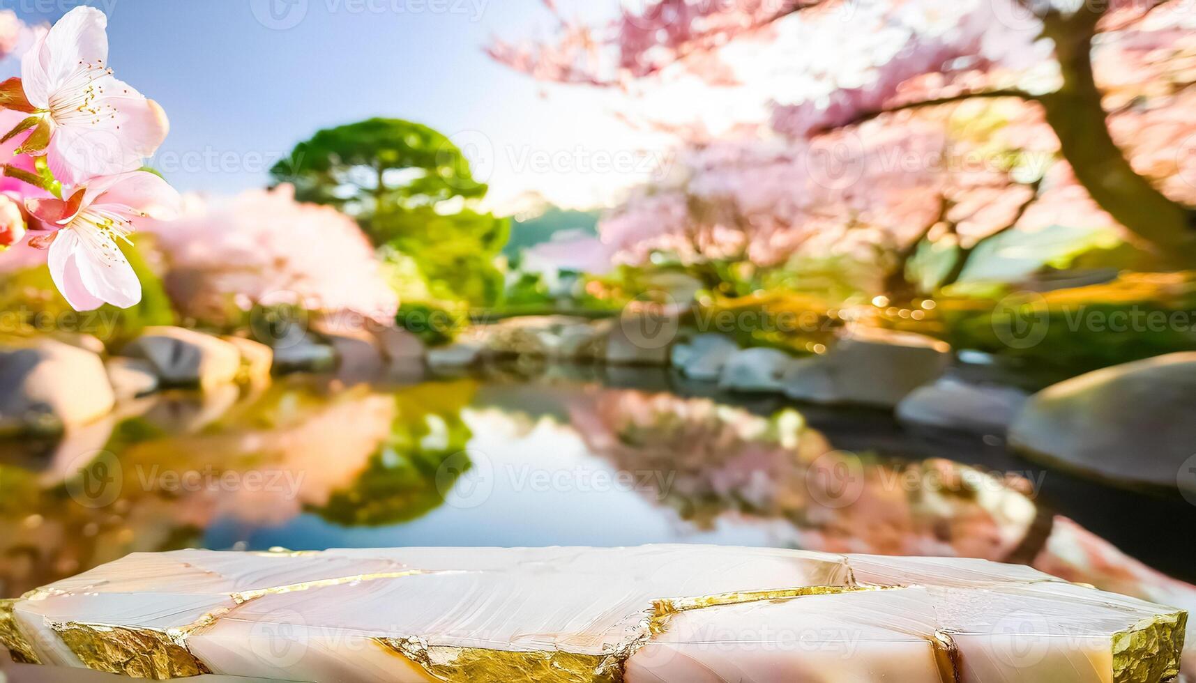 Golden and White Stone Surface with Blurred Background of Cherry Blossom Trees and a Pond photo
