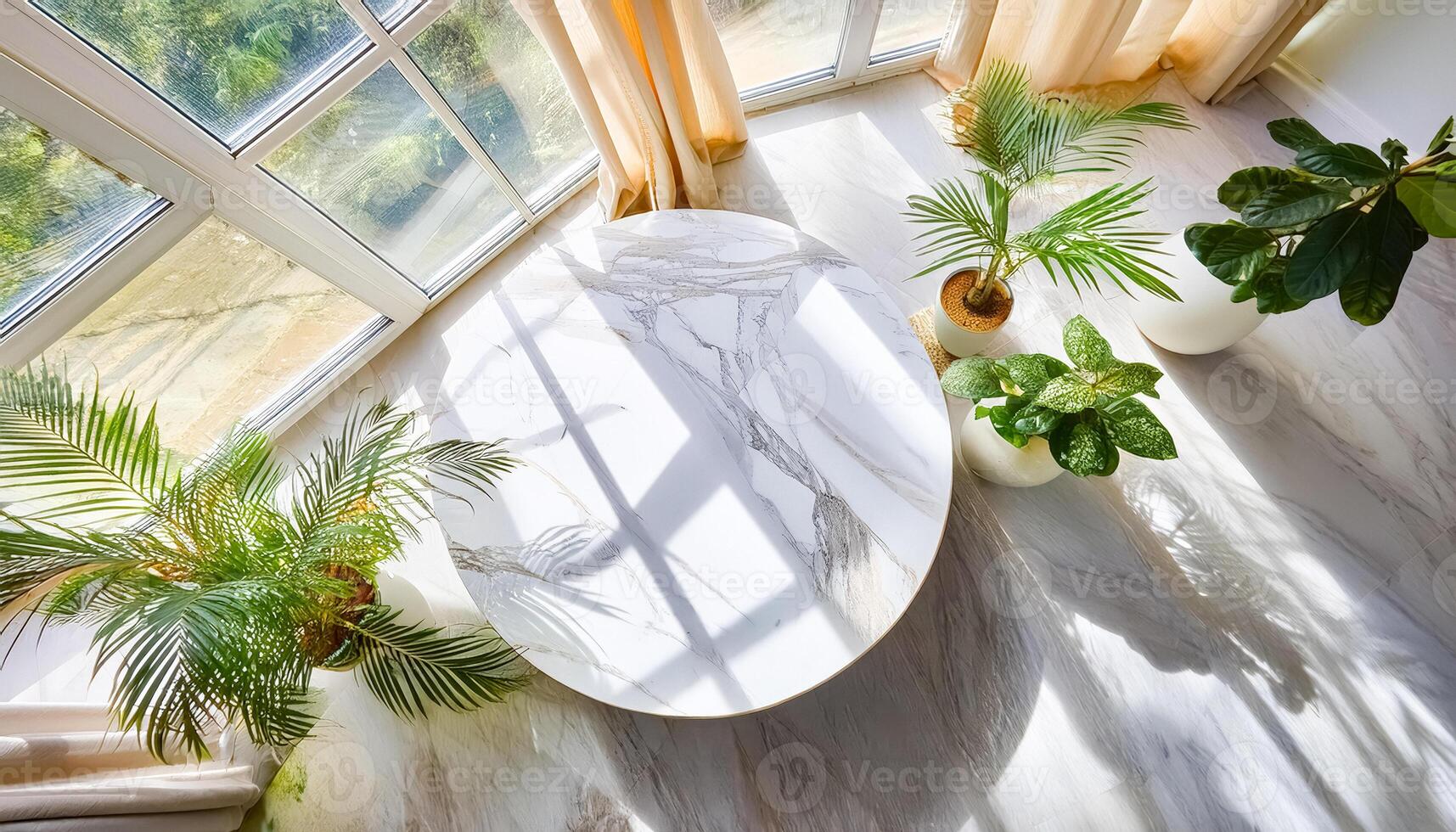 Round Marble Table Top with Green Plants and Sunlight photo