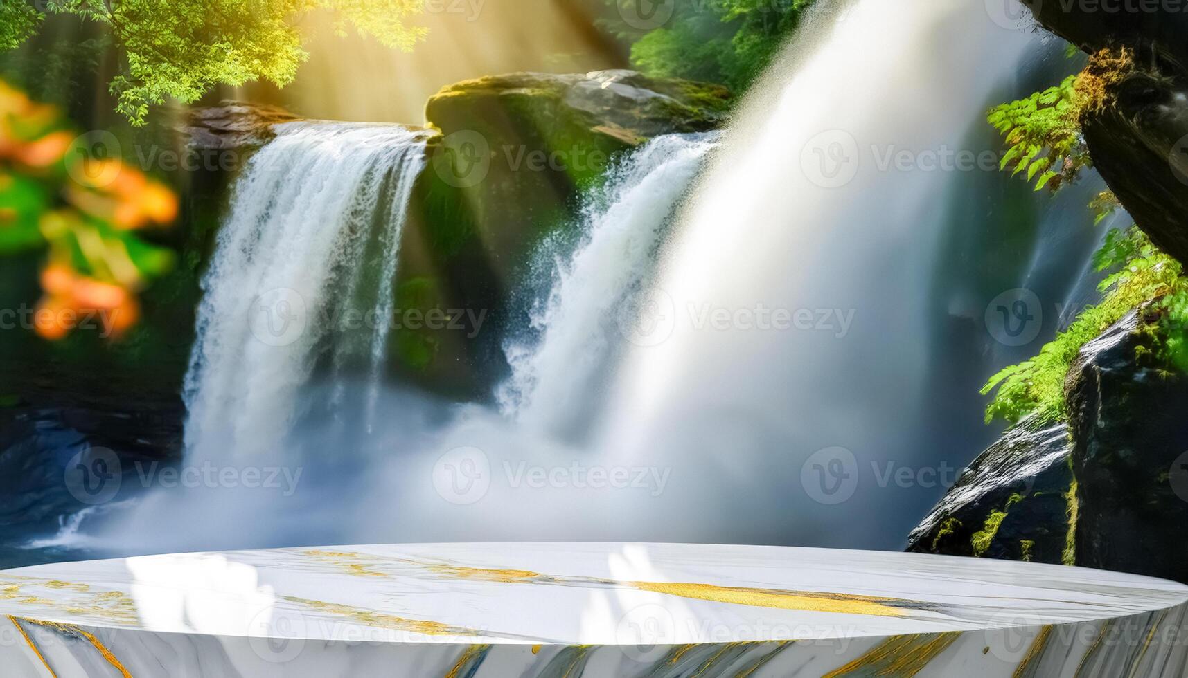 Marble podium with waterfall backdrop photo