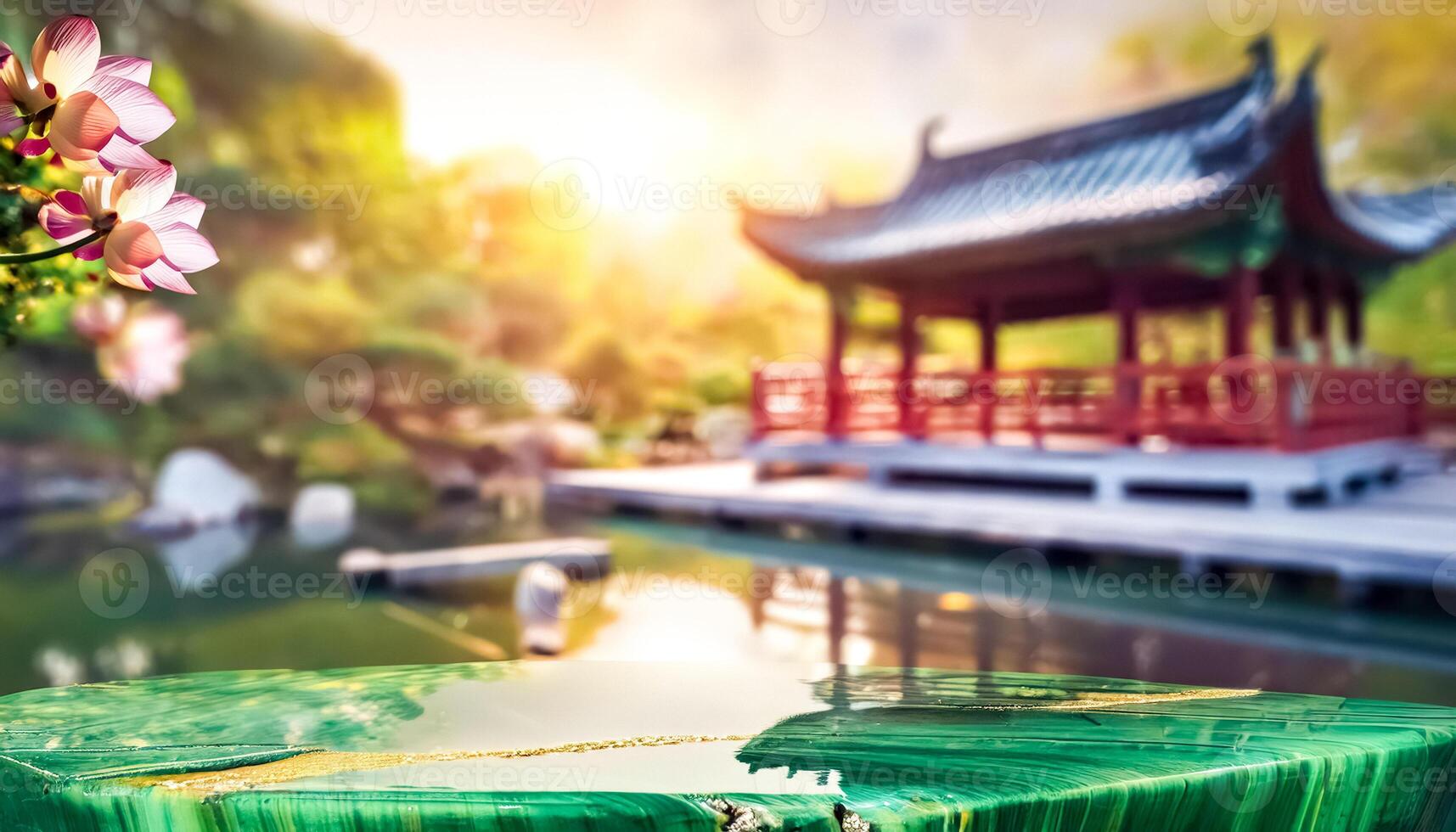 Green Jade Tabletop with Blurred Asian Temple in Background photo