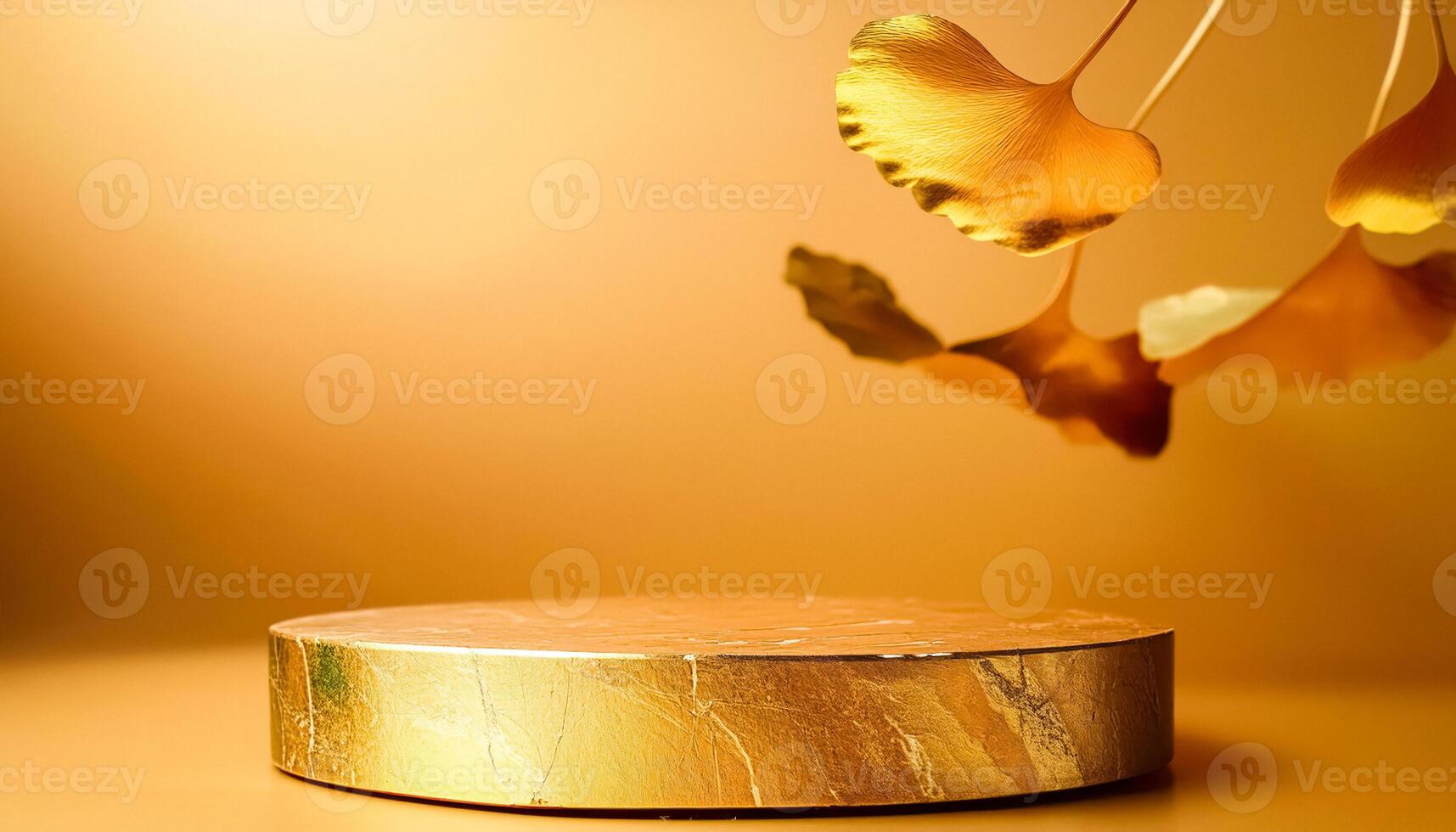 Golden Ginkgo Leaves with a Minimalist Product Display Stand photo