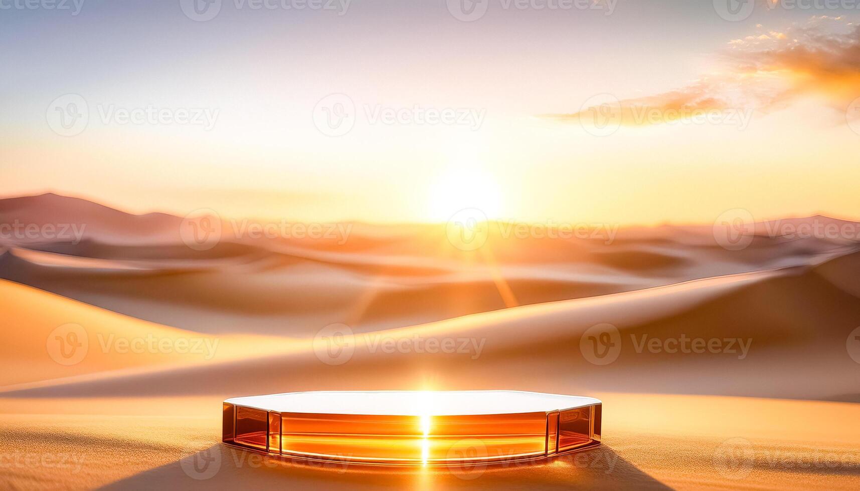 Glass Product Display Platform in Desert at Sunset photo