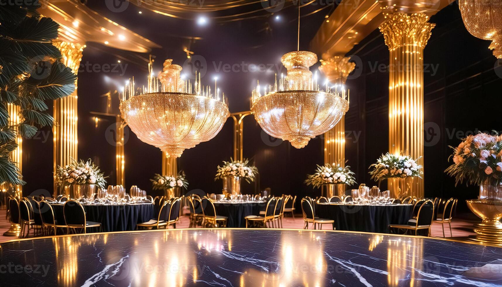 Elegant Banquet Hall with Golden Columns and Chandeliers photo