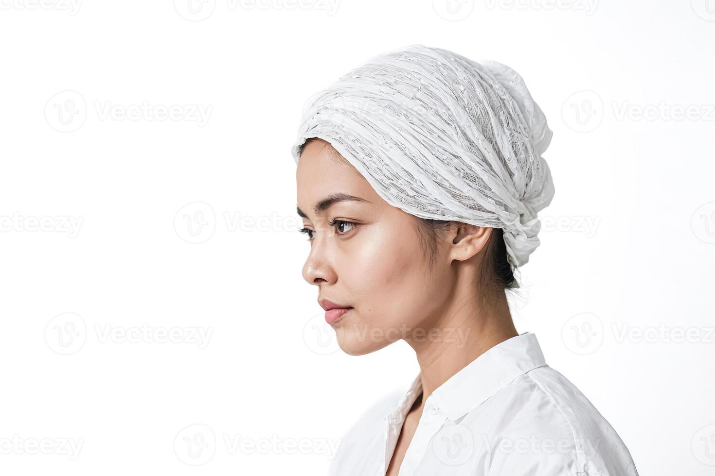Side profile of a young woman in a white turban photo