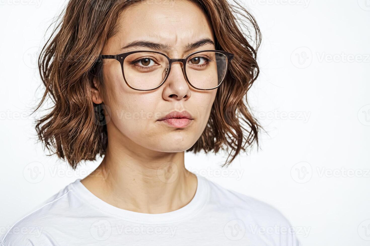 Portrait of a young woman with glasses, looking serious photo
