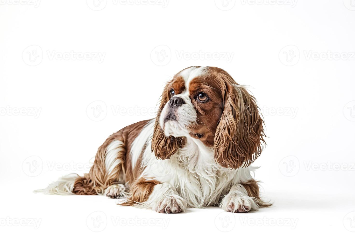 Cavalier King Charles Spaniel Lying Down on White Background photo
