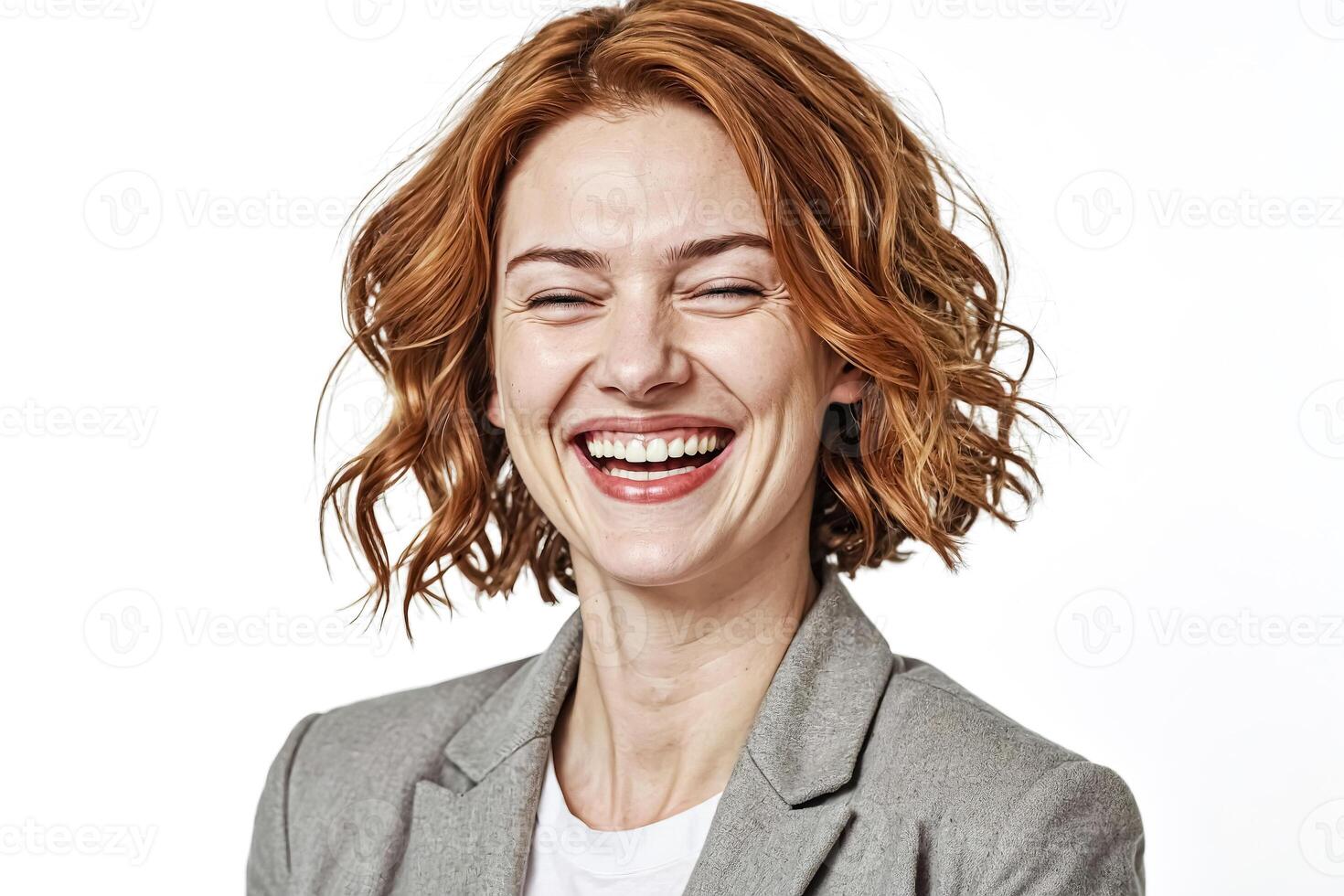 Portrait of a young woman with red hair laughing photo