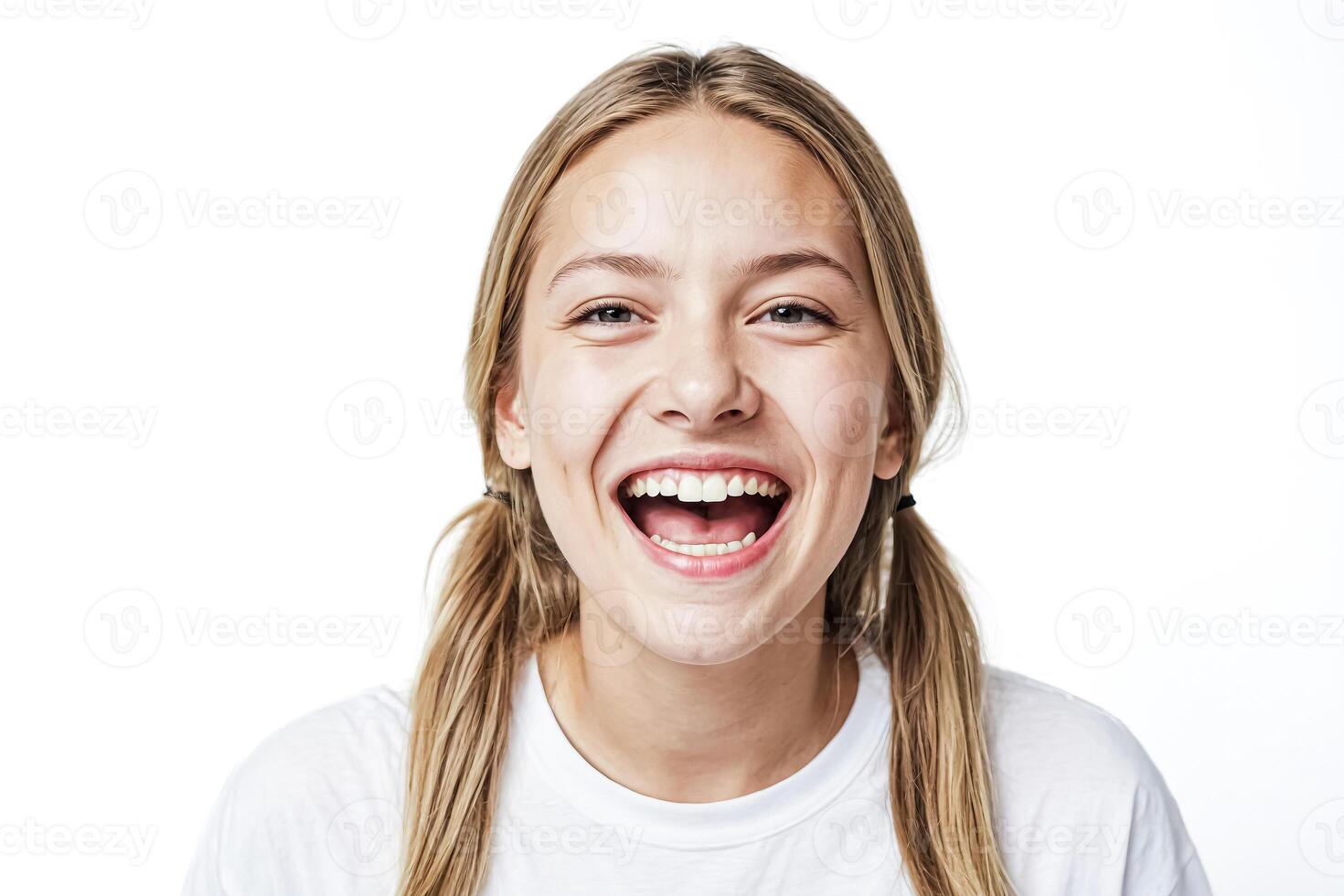 Portrait of a Young Woman with Blonde Hair Laughing photo
