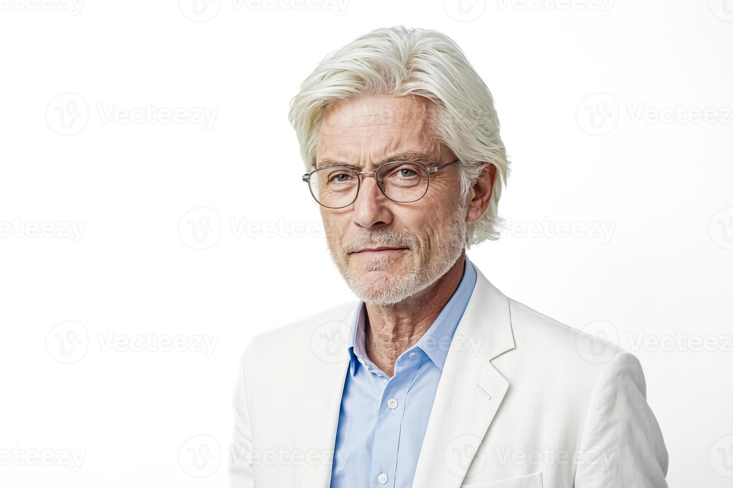 Portrait of a Senior Man with White Hair and Glasses Wearing a White Suit photo