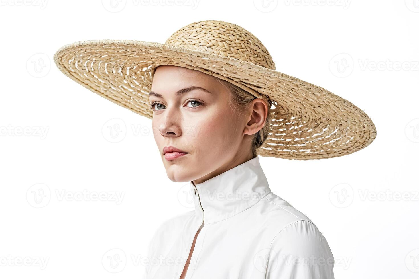 Woman wearing a large straw hat photo