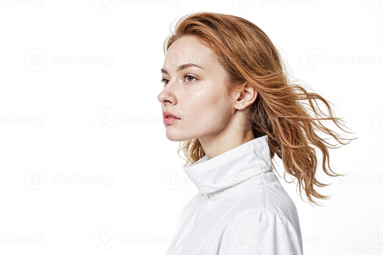 Woman With Windblown Hair in White Shirt photo