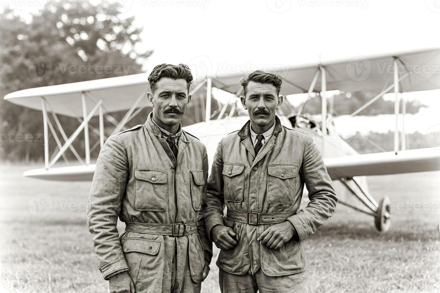 Two Pilots Stand Proudly in Front of Their Biplane photo