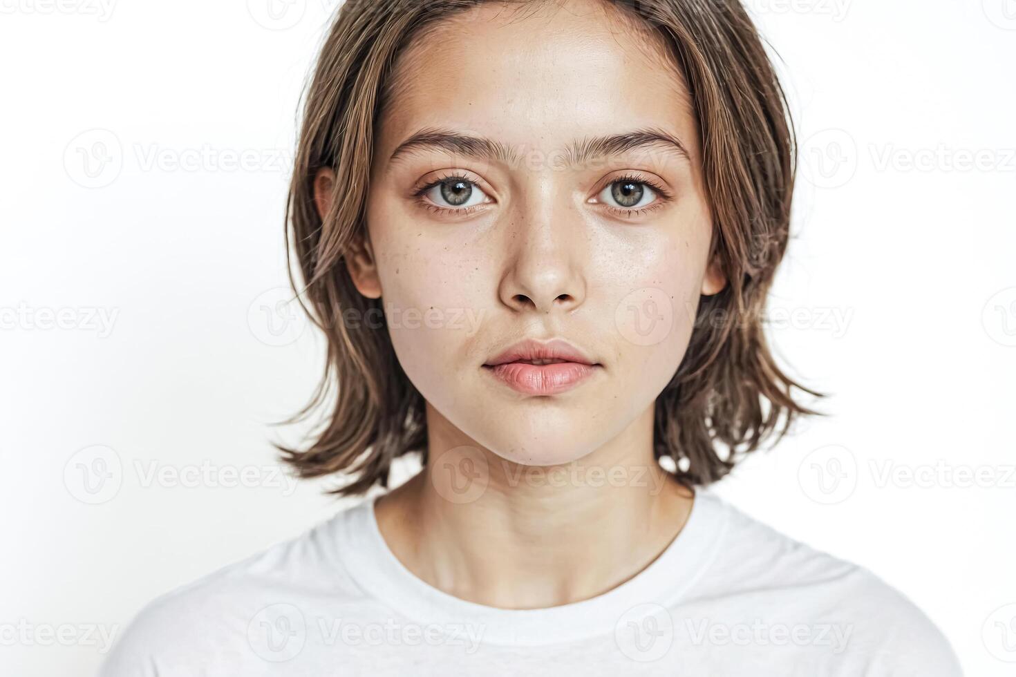 Portrait of a young woman with brown hair and green eyes photo