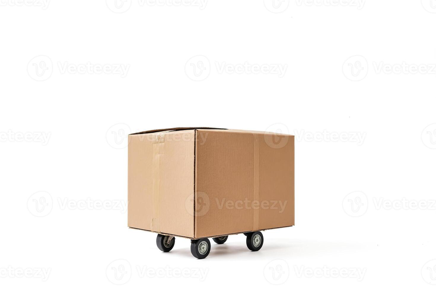 Cardboard box on a dolly isolated on white background photo