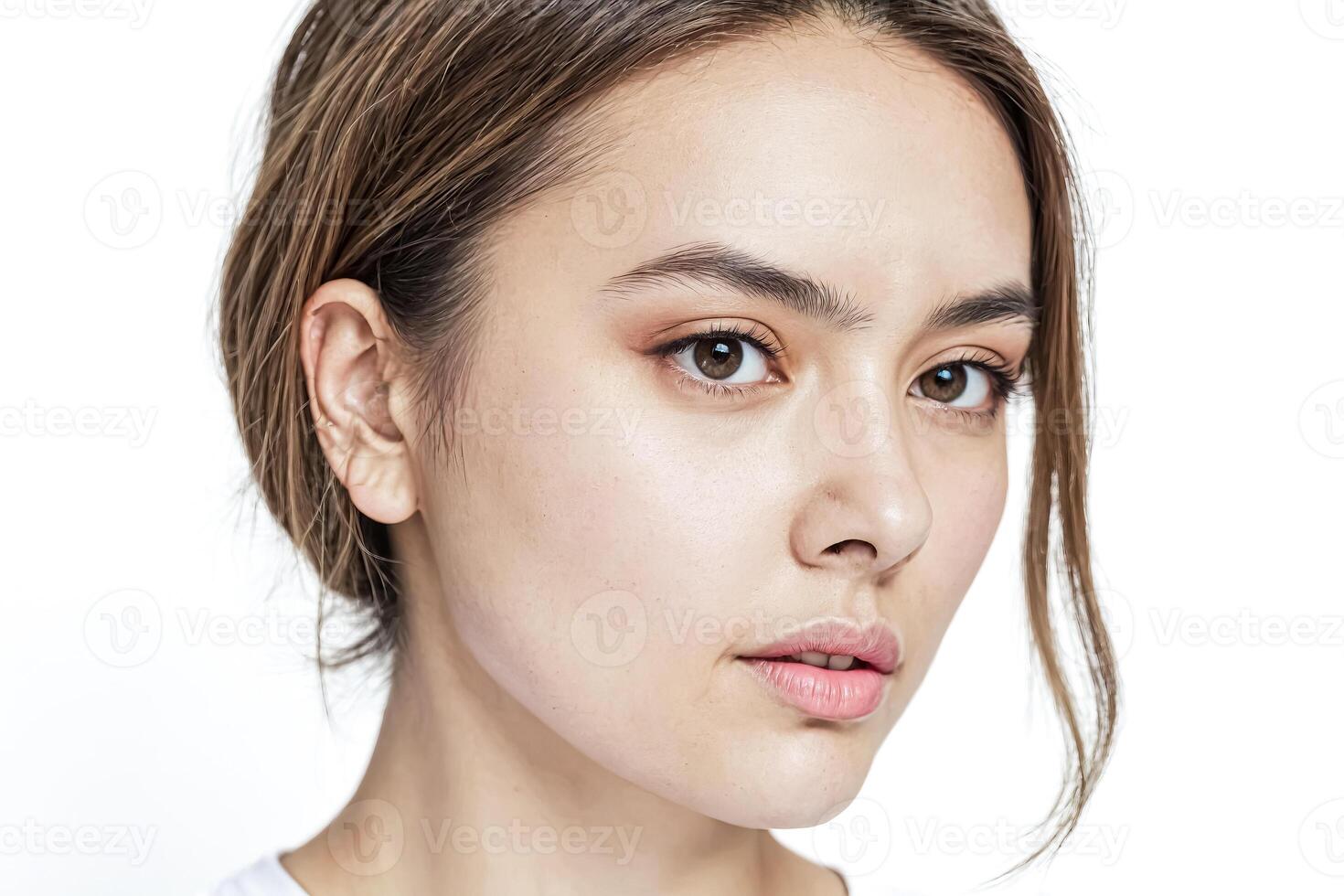 Closeup portrait of a young woman with brown hair and brown eyes, looking away from the camera photo