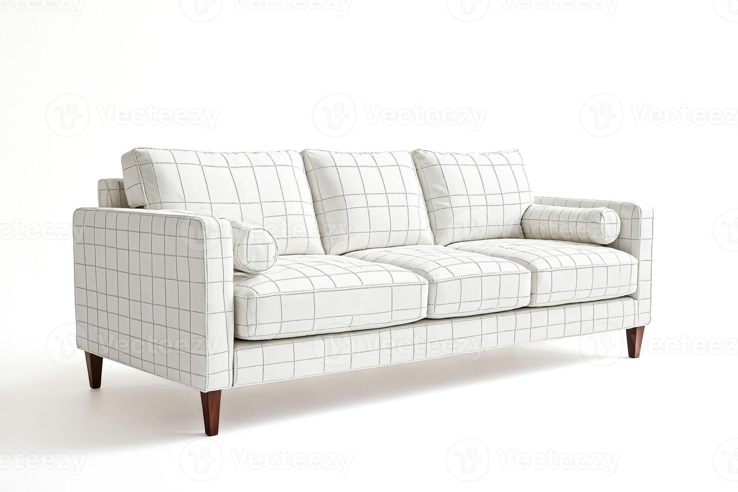 White Sofa with Grid Pattern Upholstery and Wooden Legs photo