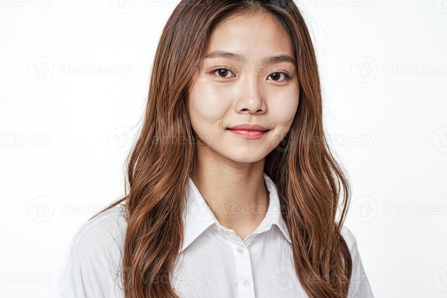Portrait of a young woman with long brown hair smiling photo