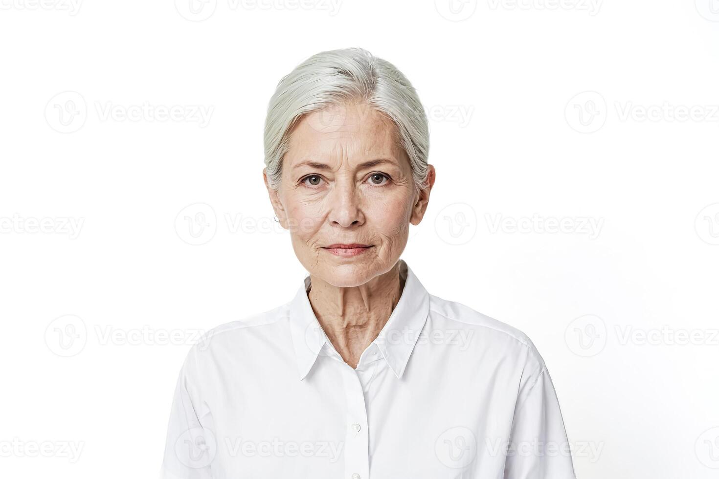 Portrait of a mature woman in a white shirt looking at the camera photo